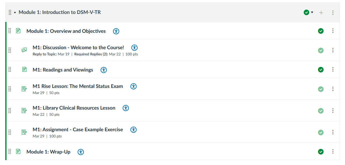 Example module for a social work course, showcasing an organized structure starting with overview and objectives, readings and viewings, activities and assessments, and a wrap up.