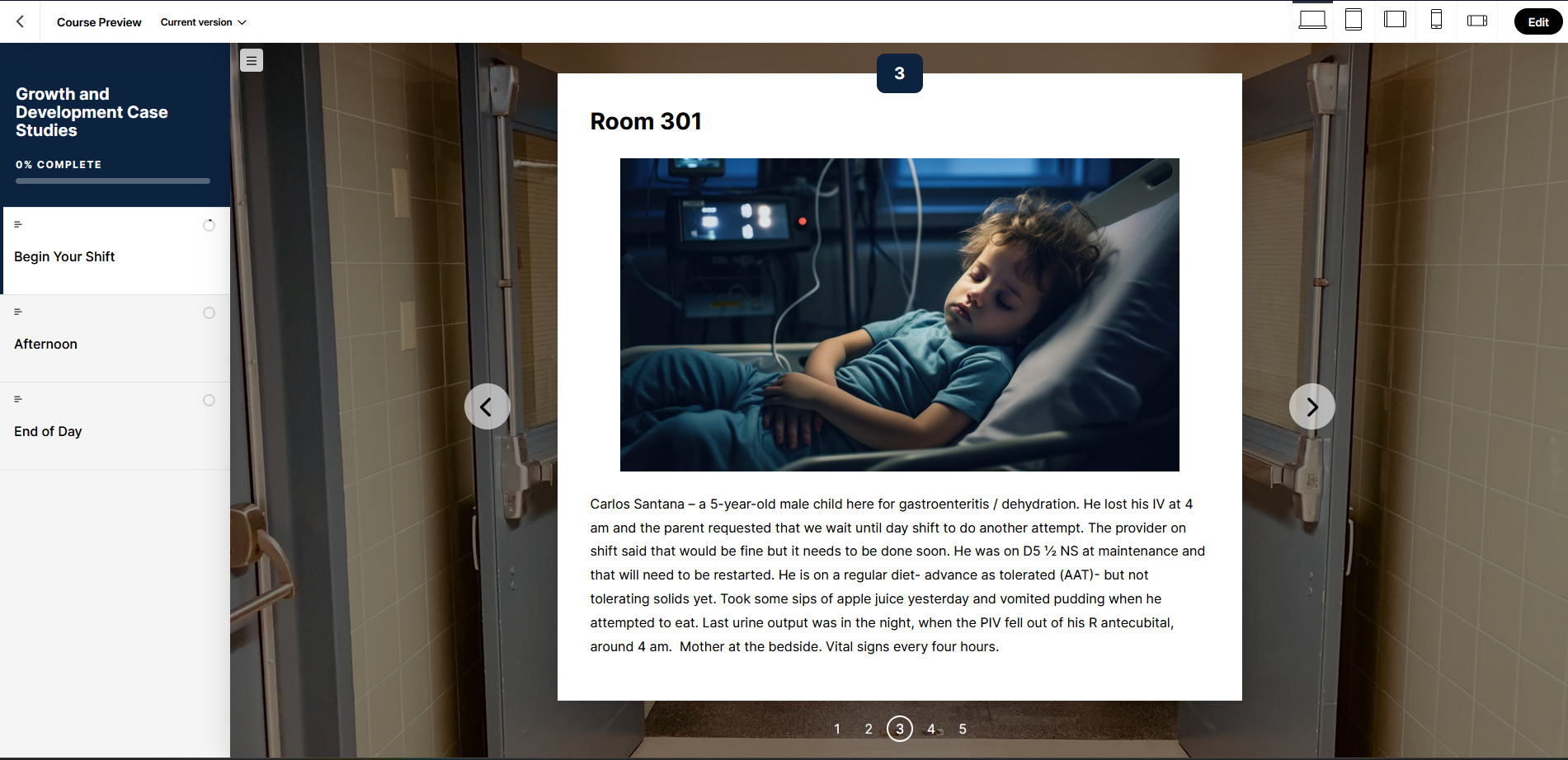 Example Articualte Rise course showing a nursing case study with a pediatric patient and engaging visuals.